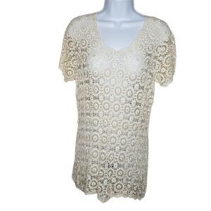 Hand Crocheted Silk Short Sleeve T Shirt Sz XL Sheer Cream Ivory